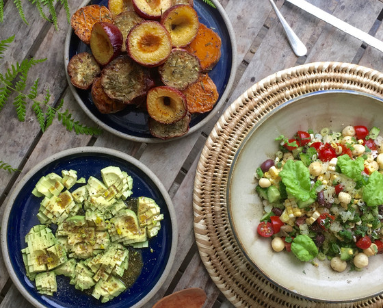 Roasted kumara and nectarines with fresh corn salad
